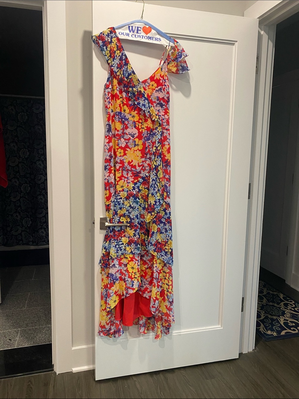 Lulu's Vibrant Floral High-Low Maxi Dress in Red, Yellow & Blue